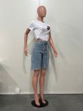 Spring Summer women's loose beaded midi denim pants with belt