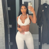 Women Halter Neck Backless Lace Tank Top and Solid Cropped Pants two-piece set