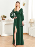 Women Long Sleeve Formal Party Sexy Slit Evening Dress