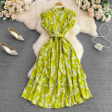 summer stand collar slim waist printed a-line high waist elegant chic long dress
