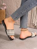 Plus Size women's square toe rhinestone beach sandals beaded flat bottom flip flops slipper