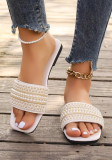 Plus Size women's square toe rhinestone beach sandals beaded flat bottom flip flops slipper