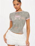 Summer women's fashion trend color matching bow print slim round neck short sleeve top