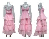 Women sexy Backless suspenders pleated lace dress