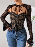 Lace sexy mesh low back long sleeve see-through slim fit women's top