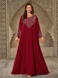 Women Beaded V-neck Casual Dubai Dress