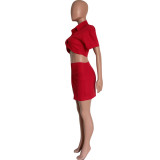 Women's fashion sexy solid color button Crop Shirt split skirt two-piece set