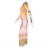 Fashion women's print round neck long sleeve micro-transparent bodycon dress