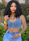 Women's tight fitting V-neck Denim lace-up sexy strap top