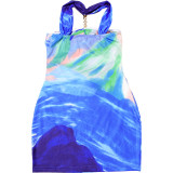 Women Spring Summer Style Contrast Print Sexy Hollow Halter Neck Dress