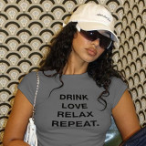Women street Round Neck Letter Print Short Sleeve Crop T-shirt
