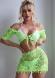 Short-sleeved off shoulder sexy mesh lace-up skirt set bright color lingerie