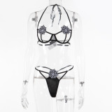 Women Net Lace-Up Binding Suspender Halter Neck Sexy Lingerie Set