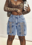 Women's high waist lace-up denim shorts
