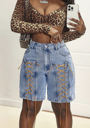 Women's high waist lace-up denim shorts