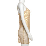 Spring Summer women's sexy see-through high waist slim solid color strap dress