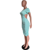 Spring Summer fashionable solid color round neck back hollow midi dress