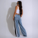 Women's street fashion leopard print patchwork straight denim trousers