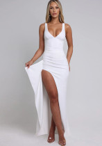 Women's sexy high slit deep V neck slim chic strap dress