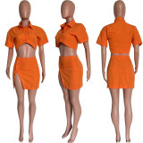 Women's fashion sexy solid color button Crop Shirt split skirt two-piece set