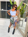 Women's sexy irregular plaid patchwork denim short skirt