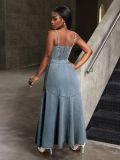 Fashionable chic single-breasted strap denim maxi dress