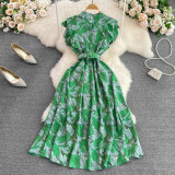 summer stand collar slim waist printed a-line high waist elegant chic long dress