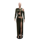 Fashionable Solid Color Slim sexy hollow slit long dress