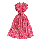 summer stand collar slim waist printed a-line high waist elegant chic long dress
