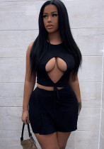 Women's sexy fashion black hollow vest Shorts two-piece set
