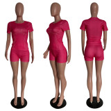 Fashionable short sleeve casual solid color two-piece shorts set