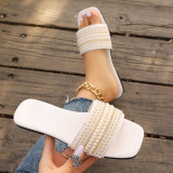 Plus Size women's square toe rhinestone beach sandals beaded flat bottom flip flops slipper