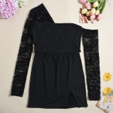 Women Spring and Summer Lace Sexy Hollow One-shoulder Irregular Top and Skirt Two-piece Set