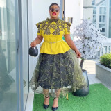 Plus Size African Women Top Skirt with Belt Two-piece Set