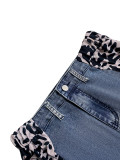 Women's street fashion leopard print patchwork straight denim trousers