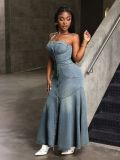 Fashionable chic single-breasted strap denim maxi dress