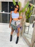 Women's sexy irregular plaid patchwork denim short skirt