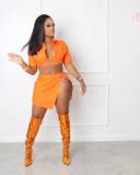 Women's fashion sexy solid color button Crop Shirt split skirt two-piece set