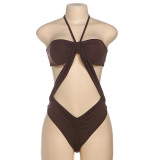 Women summer sexy Halter Neck Crop beach holidays solid one-piece swimwear