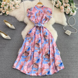 summer stand collar slim waist printed a-line high waist elegant chic long dress