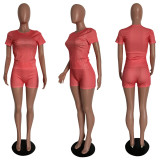 Fashionable short sleeve casual solid color two-piece shorts set