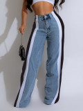 Women's street fashion leopard print patchwork straight denim trousers