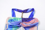 Women Spring Summer Style Contrast Print Sexy Hollow Halter Neck Dress