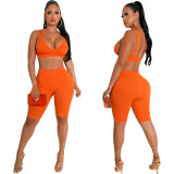 Summer fashionable beach holidays casual ribbed solid color two-piece shorts set