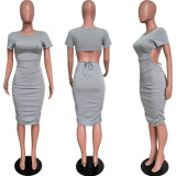 Spring Summer fashionable solid color round neck back hollow midi dress
