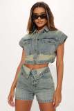Women's fashion casual elastic denim color matching two-piece shorts set