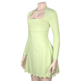 Spring women's square neck slim fit long sleeve solid short dress