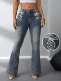 low waist elastic bell bottom denim trousers