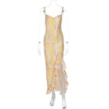 Summer women's sexy chic printed strap slit ruffle long dress