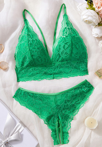 Sexy green lace triangle cup comfortable breathable open crotch panties two-piece lingerie set